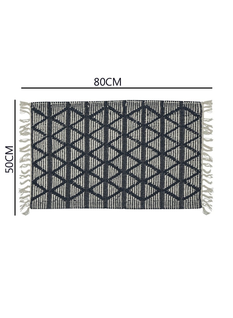 Ambrosia 50 x 80 cm Handloom Cotton Rug Navy Blue Geometric Pattern With Fringes For Entryway Bedside Bohemian Decor Rustic Floor Mat Accent And Throw Blanket - Image 2